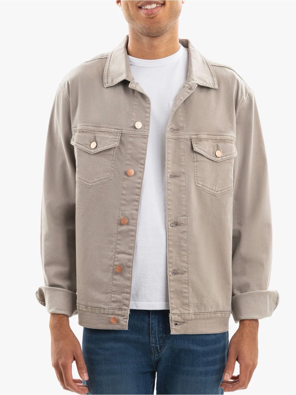 Mugsy Dusker Men's Large Jacket Stretch Denim Khaki Tan Button Up Front
